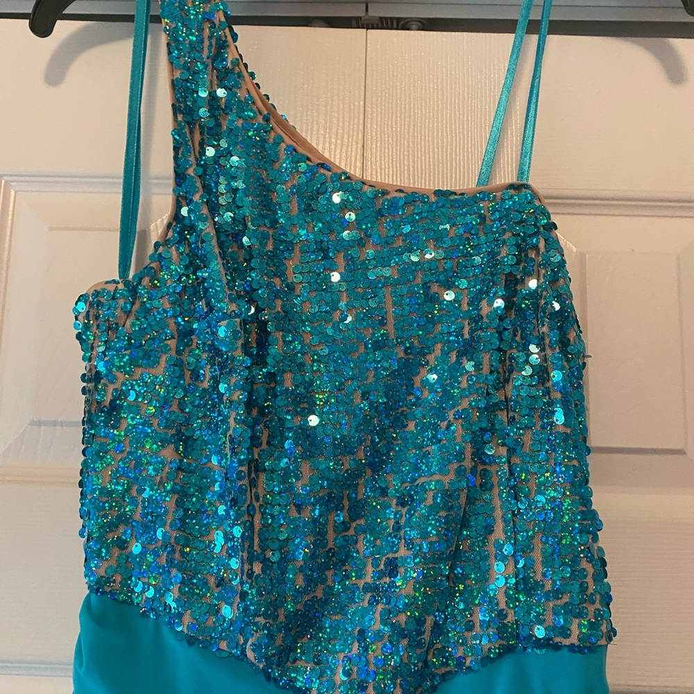 Hailey Logan Aqua Sequin One Shoulder Dress